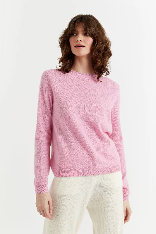Candy-Pink Cashmere Crew Sweater Anti-Pilling Anti-Shrink Durable