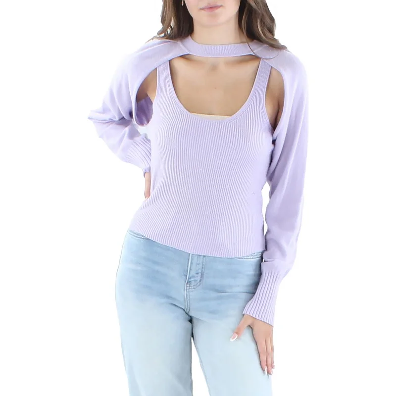 Cassia Womens Layered Knit Pullover Sweater Mesh Fabric Canvas Fabric Denim Fabric