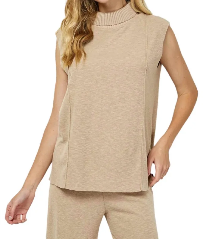 Chat With Me Sleeveless Sweater Top In Taupe Ribbed Striped Patterned