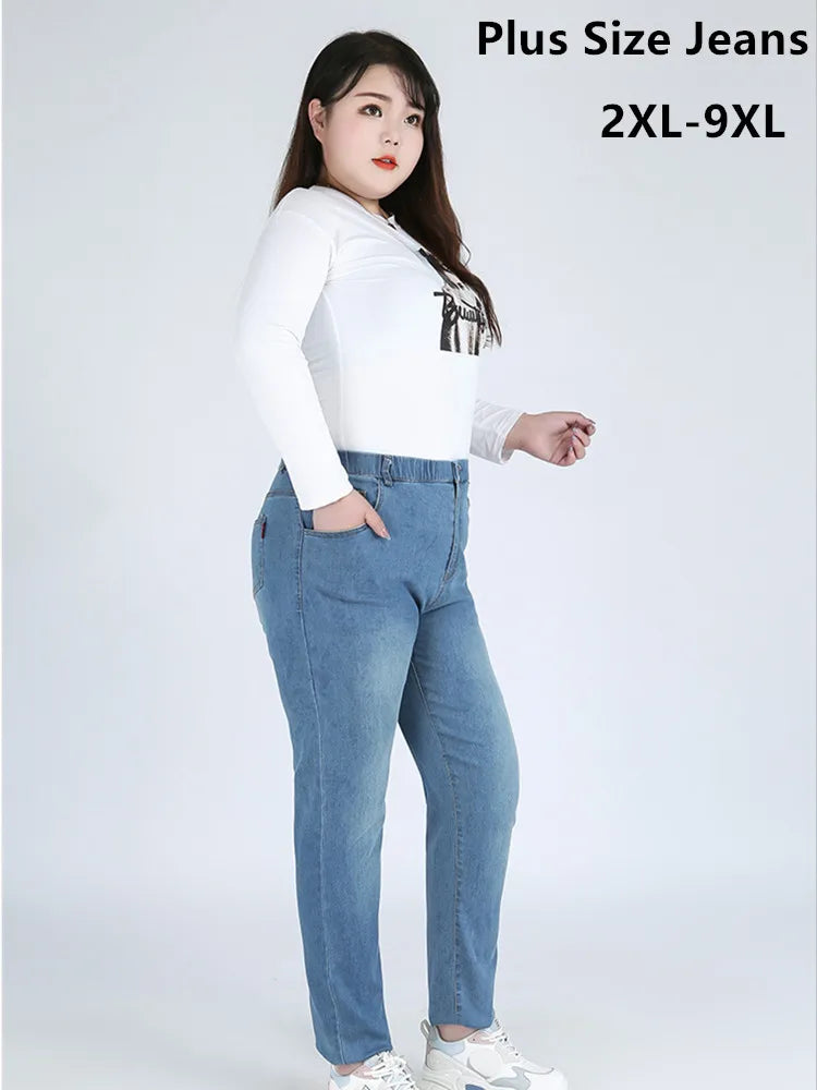 Classic Blue Women Pant Jeans 9XL 140KG 7XL 6XL Plus Size Large High Waist Elastic Trendy Flared Leg Jeans