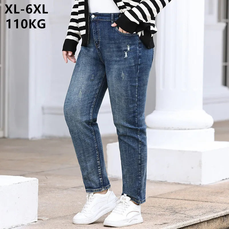 Classic Pencil Jeans Girl Loose 110KG Stretched Casual Plus Size Large Pants Comfortable Distressed Straight-Leg Jeans Classic Pencil Jeans Girl Loose 110KG Stretched Casual Plus Size Large Pants Comfortable Distressed Straight-Leg Jeans