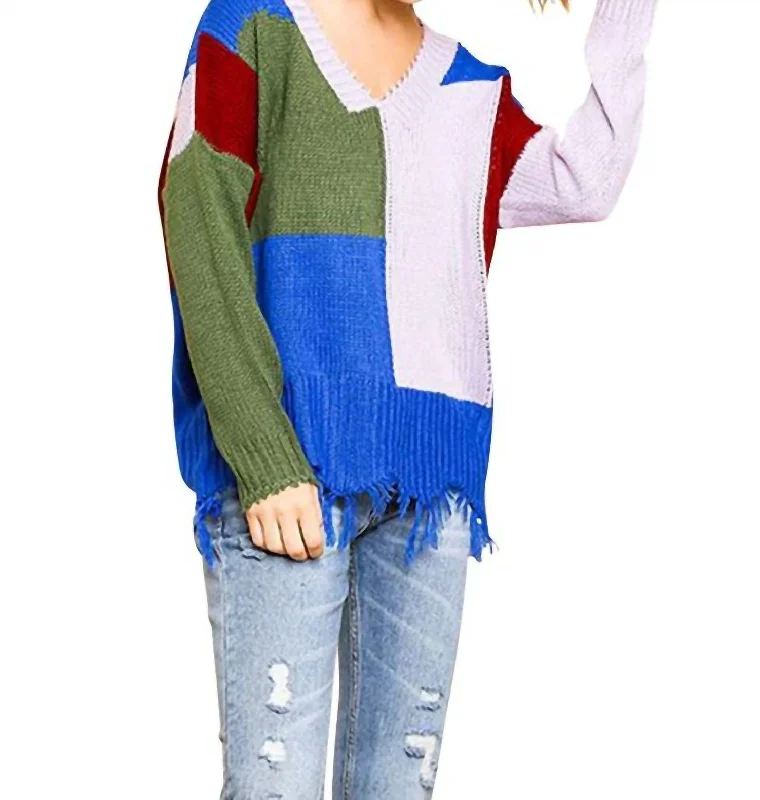 Color Block Frayed Hem Sweater In Olive/lavender Solid Print Embellished