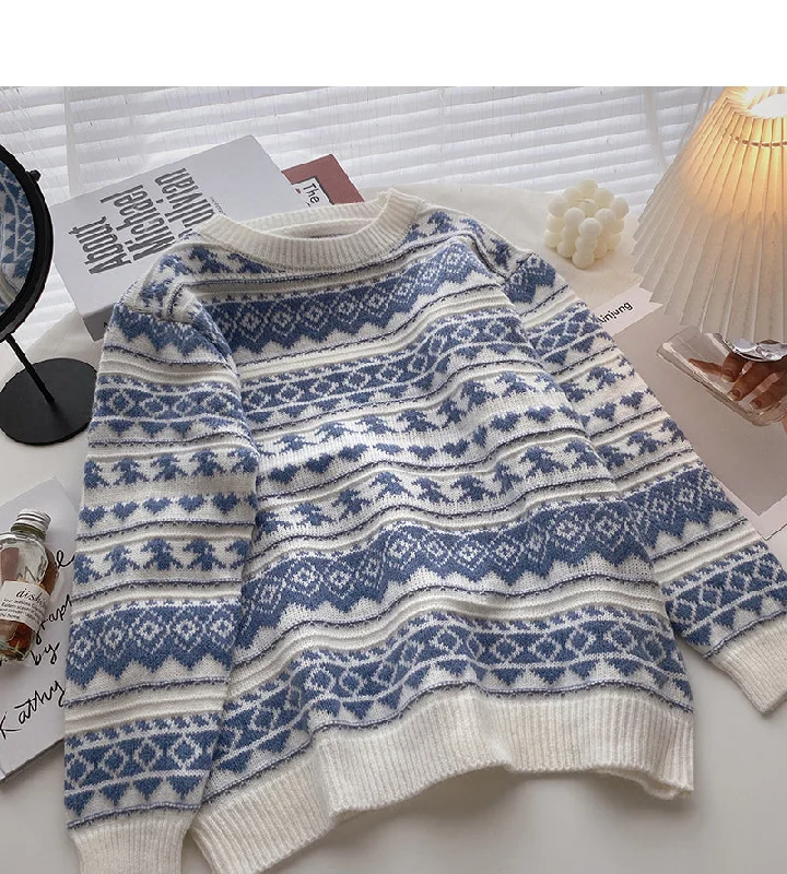Contrast Vintage jacquard loose Pullover long sleeve sweater 5920 Handmade Hand-knitted Hand-woven Contrast Vintage jacquard loose Pullover long sleeve sweater 5920 Handmade Hand-knitted Hand-woven