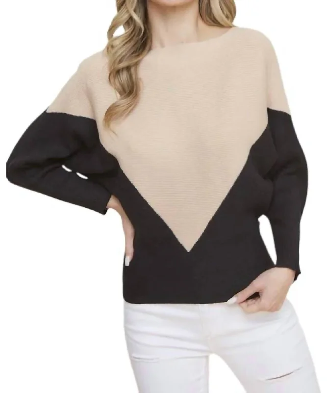 Corinne Color Block Dolman Sleeve Sweater In Mocha/black Wool Fabric Cashmere Fabric Tweed Fabric Corinne Color Block Dolman Sleeve Sweater In Mocha/black Wool Fabric Cashmere Fabric Tweed Fabric