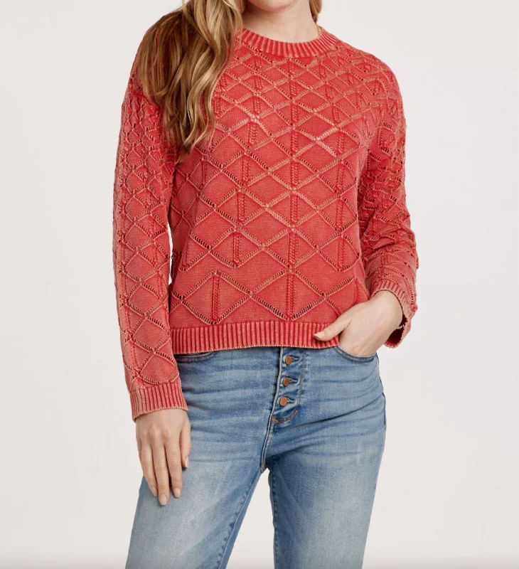 Cosette Acid Wash Sweater In Ruby Pink Embroidered Appliqued Beaded