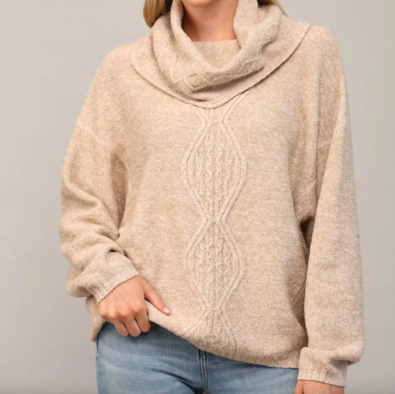 Cowl Neck Marled Yarn Sweater In Latte Iron Safe Non-Iron Wrinkle Free