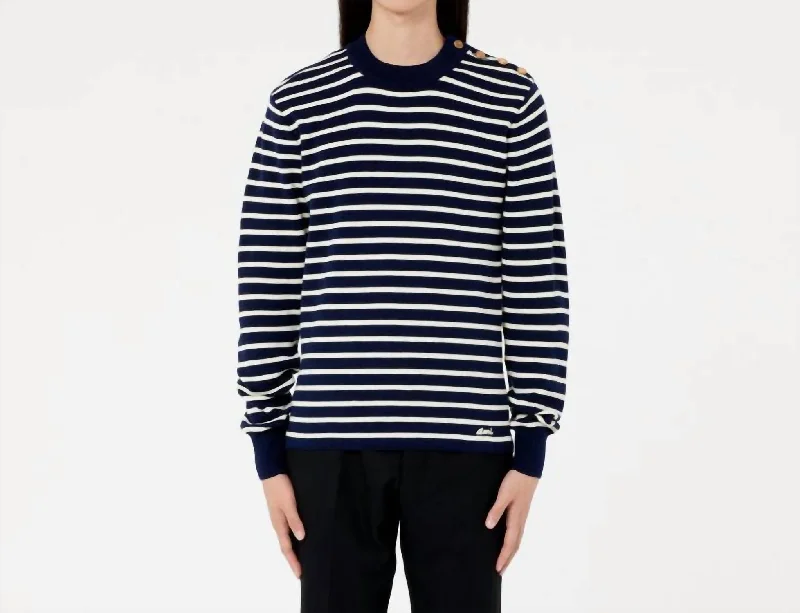 Crewneck Sailor Sweater In Blue/white Stripe Lace Blend Ribbed Blend Corduroy Blend