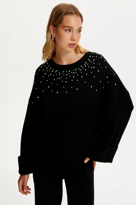 Crystal Stone Detailed Knit Sweater Terry Blend Velvet Blend Canvas Blend