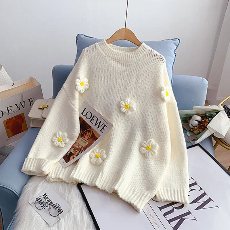 Design sense niche Japanese cute three-dimensional flower sweater  5081 Stylish Fashionable Trendy