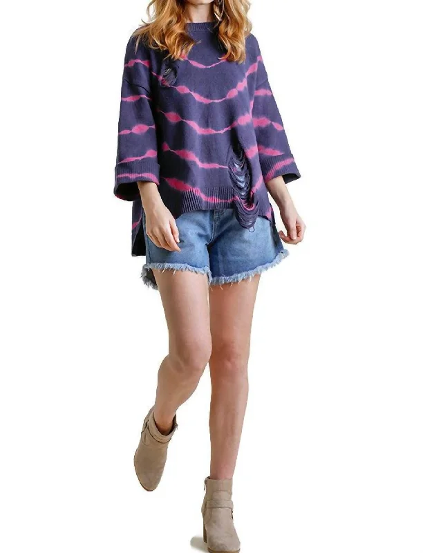 Distressed Tie Dye Sweater In Navy/fuchsia Cashmere Blend Cotton Blend Poly Blend