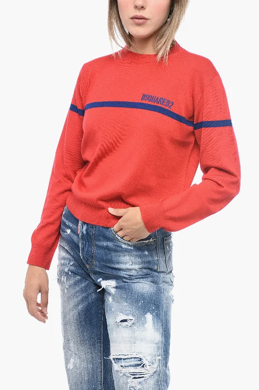 Dsquared2 Crew Neck Virgin Wool Sweater with Embroidered Logo Silk Blend Satin Velvet