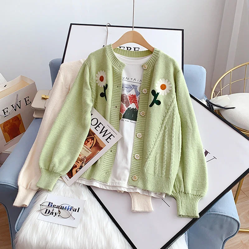 Embroidered sweater coat cardigan female  5119 Ribbed Striped Patterned