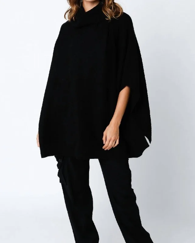 Emily Sweater Poncho In Black Ribbed Striped Patterned