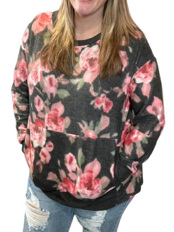 Floral Kangaroo Pocket Sweater In Black Real Fur Shearling Chenille