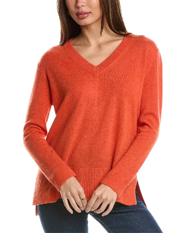 Forte Cashmere High-Low Seamed V-Neck Cashmere Sweater Seamless Knitted Crochet
