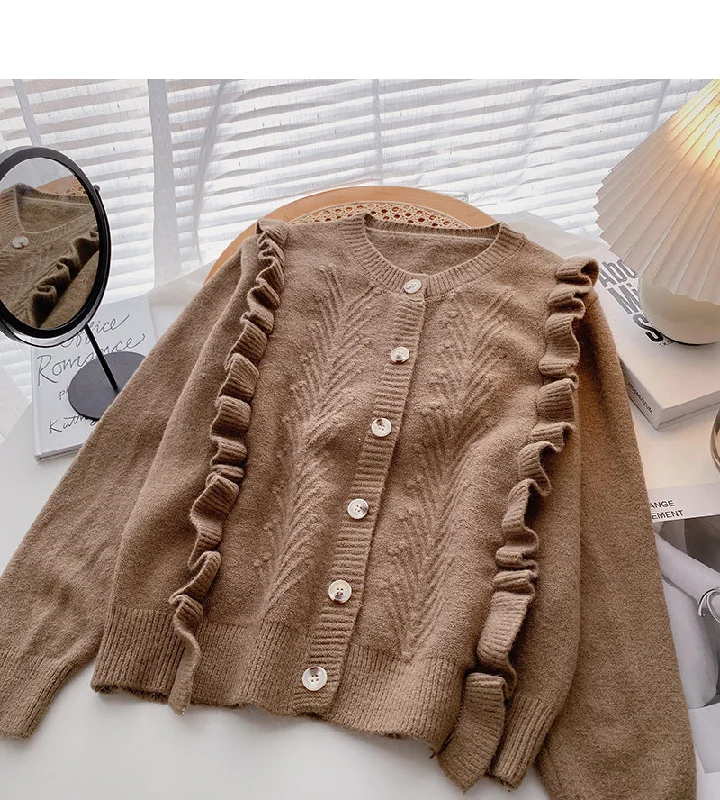 Fungus edge stitching design single breasted long sleeved sweater  5910 Polka Dot Checkered Tartan