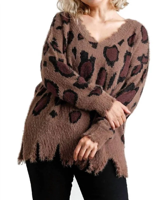 Fuzzy Leopard Sweater In Mocha Boat Neck Shawl Collar Notched Collar