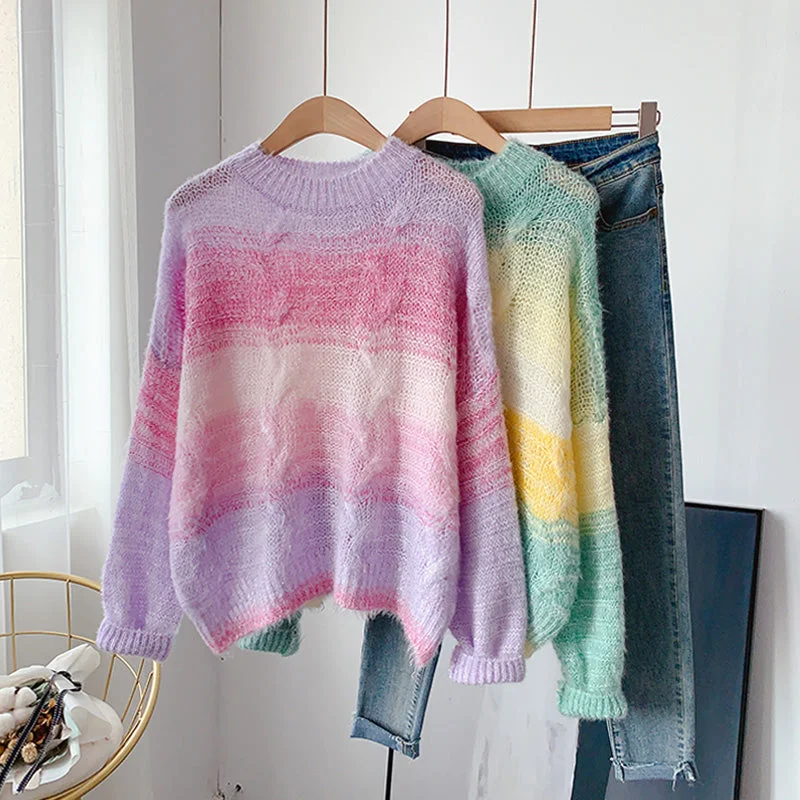 Gradient soft waxy color knitted Mohair loose Pullover Sweater  5078 Cable Knit Ribbed Knit Lace Knit