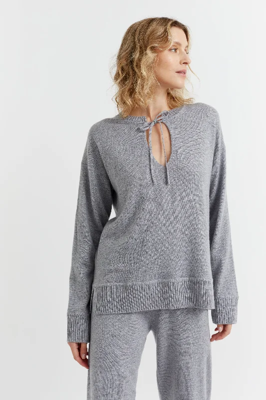Grey-Marl Cashmere Tie Neck Sweater Plaid Sweater Polka Dot Checkered