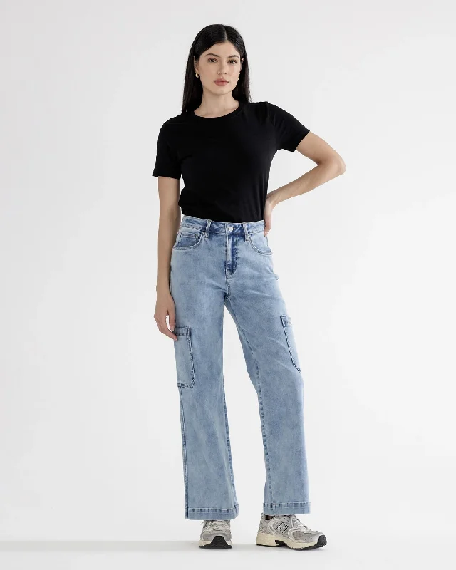 High Rise Cargo Wide Leg Jeans Fashionable Vintage Wash Jeans