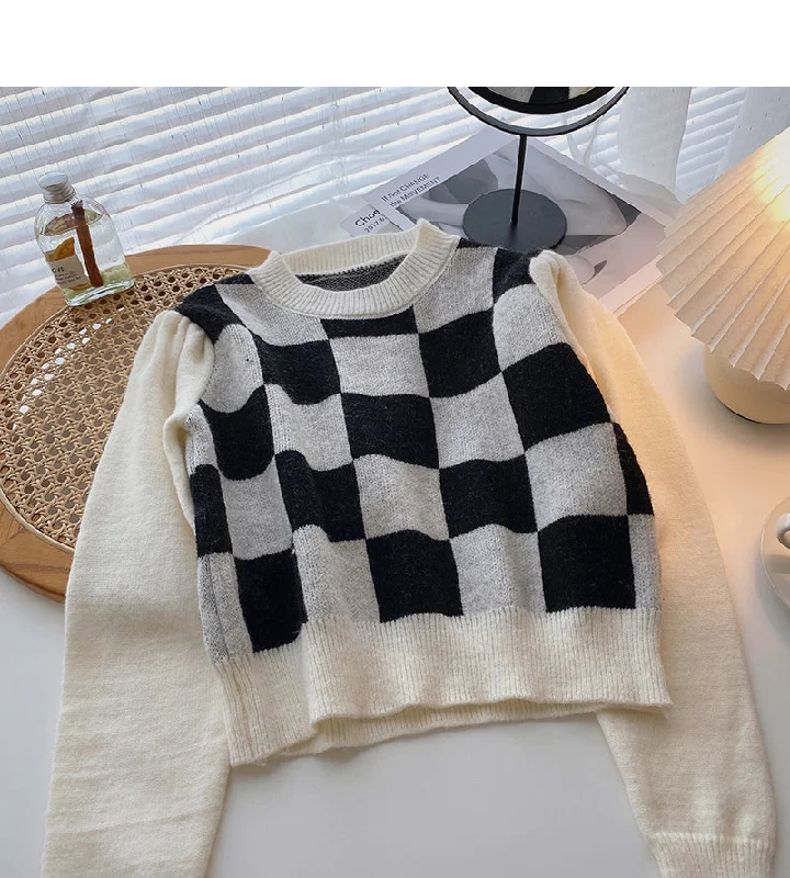 Hong Kong style retro chessboard plaid sweater  5925 Tailored Straight A-Line