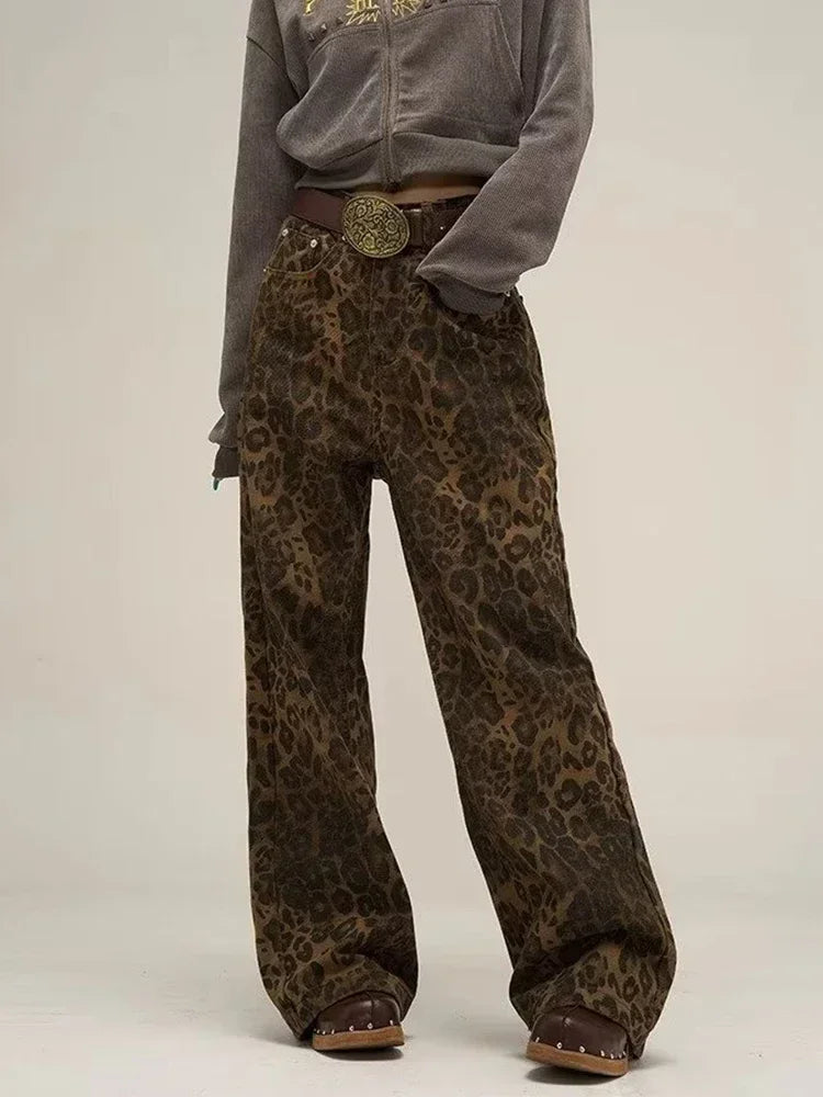 Leopard Jeans Women Denim Pants Female Oversize Wide Leg Trousers Cozy Wide-Legged Jeans Leopard Jeans Women Denim Pants Female Oversize Wide Leg Trousers Cozy Wide-Legged Jeans