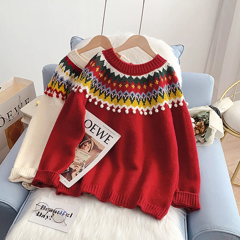 Japanese retro Christmas red sweater female Pullover  5068 Denim Fabric Leather Fabric Suede Fabric