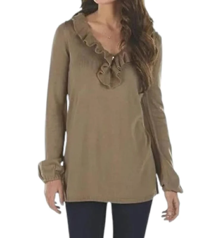 Laura Ruffle Sweater In Tan Soft Cozy Warm