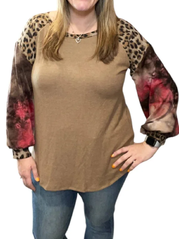 Leopard Tie Dye Puff Sweater In Brown Hooded Caped Shawl Collar