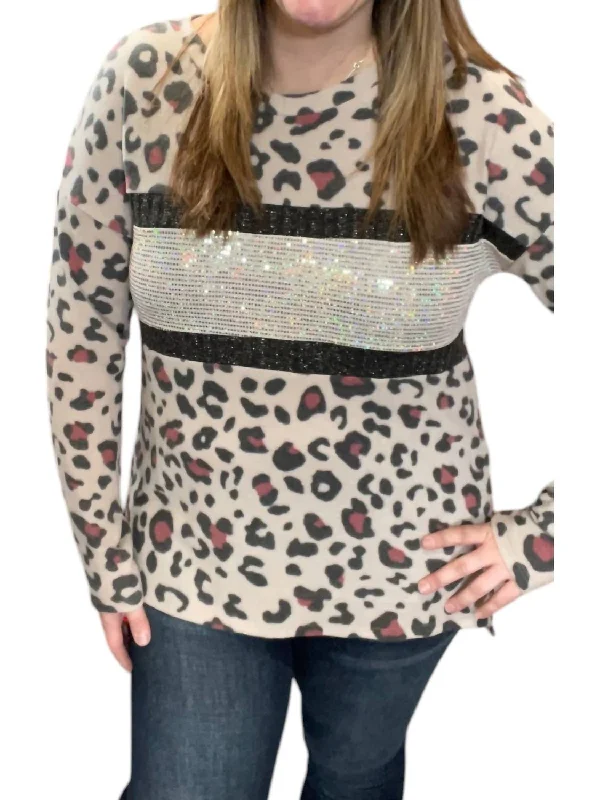 Leopard With Sequin Sweater In Taupe Seamless Knitted Crochet