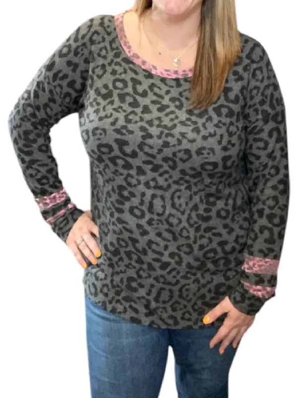 Leopard With Wine Accent Sweater In Gray Print Jacquard Patchwork