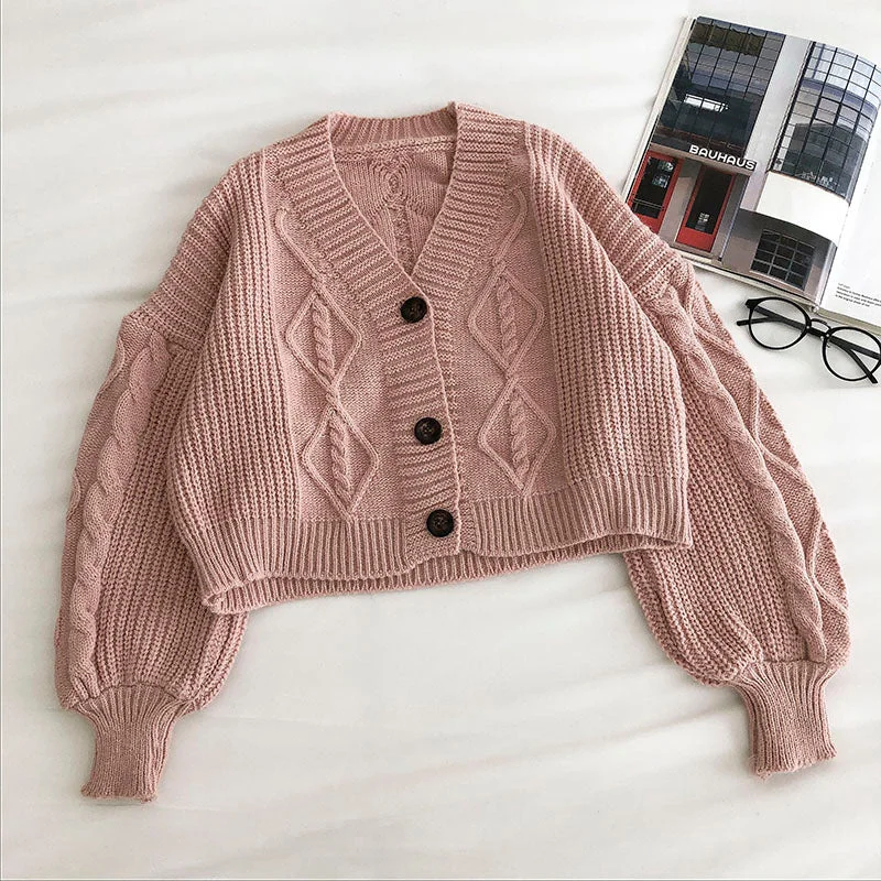 Loose coat women's long sleeve retro three button sweater  5836 Herringbone Houndstooth Plaid