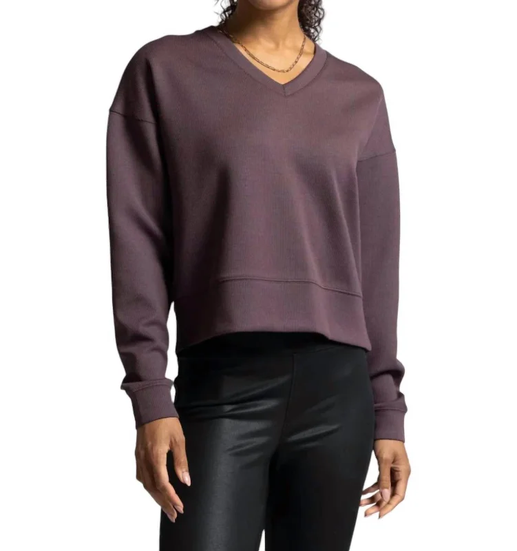 Martina V-Neck Pullover Sweater In Raisin Rib Hooded Sweater Collared Sweater Shawl Collar