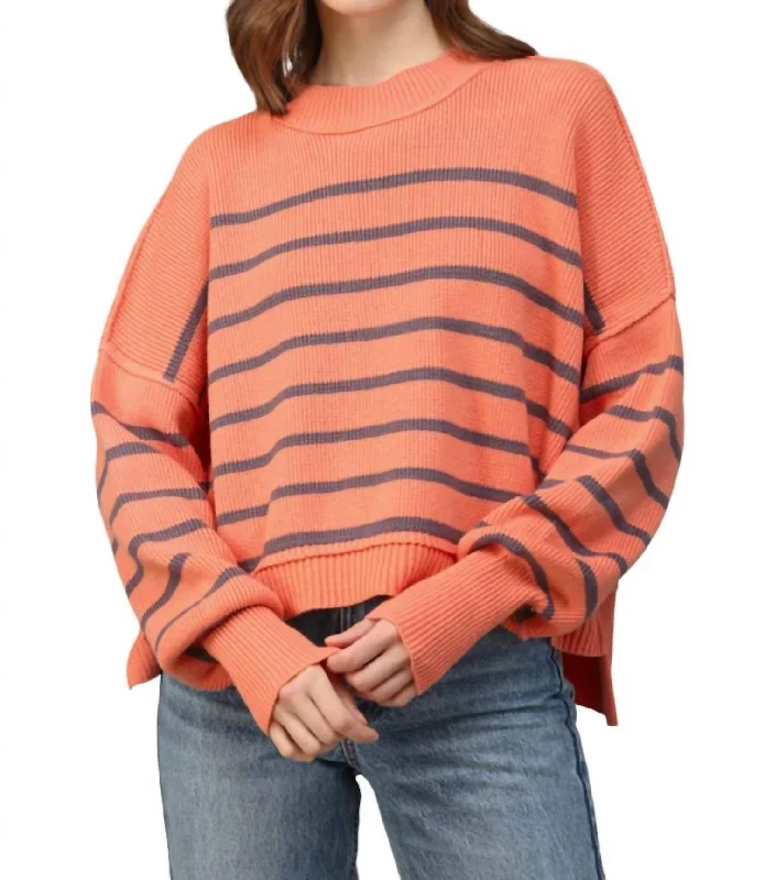 Miley Striped Drop Shoulder Sweater In Orange/purple Thin Thick Dense