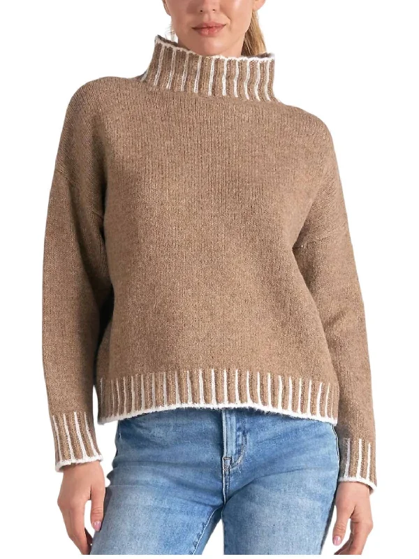 Mock Neck Sweater In Tan Mesh Blend Leather Blend Suede Blend