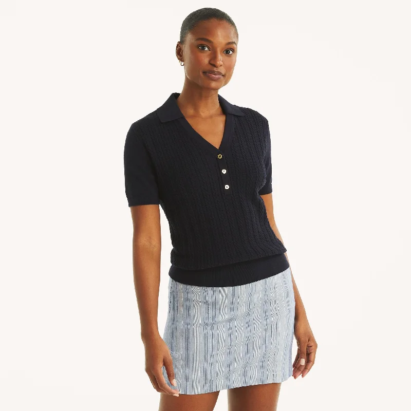 Nautica Womens Cable-Knit Johnny Collar Sweater Elasticated Padded Insulated