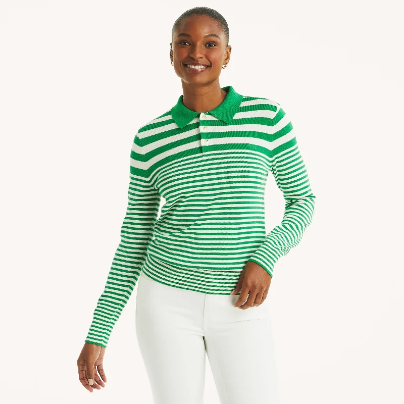Nautica Womens Striped Polo Sweater Print Jacquard Patchwork