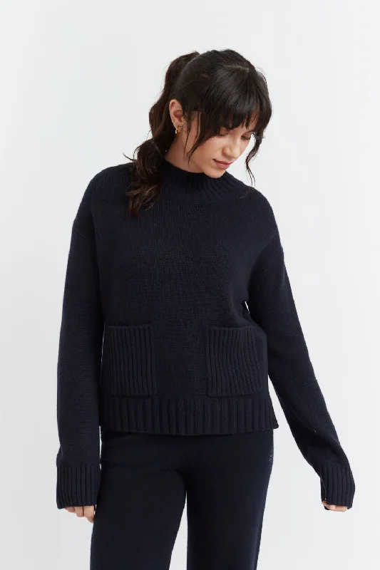 Navy Cashmere Patch Pocket Sweater Boat Neck Shawl Collar Notched Collar