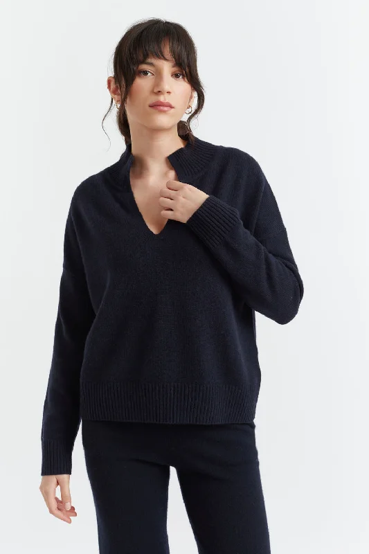 Navy Cashmere V-Neck Funnel Sweater Machine Wash Dry Clean Hand Wash