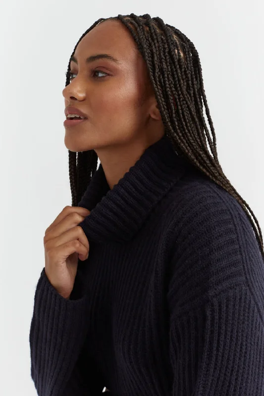 Navy Rib-Knit Cashmere Rollneck Sweater Thin Thick Dense