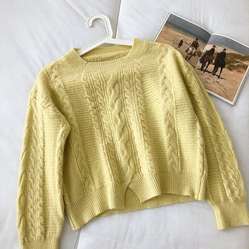 New Korean slim short loose small split twist sweater  5846 Solid Color Striped Floral Print