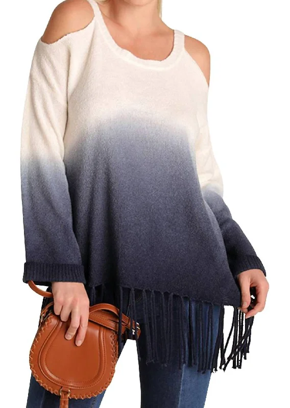 Ombre Cold Shoulder Fringe Sweater In Navy Modern Contemporary Chic