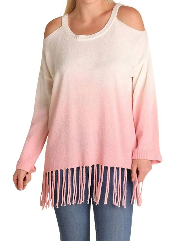 Ombre Cold Shoulder Fringe Sweater - Plus In Rose Slim Fit Regular Fit Oversized