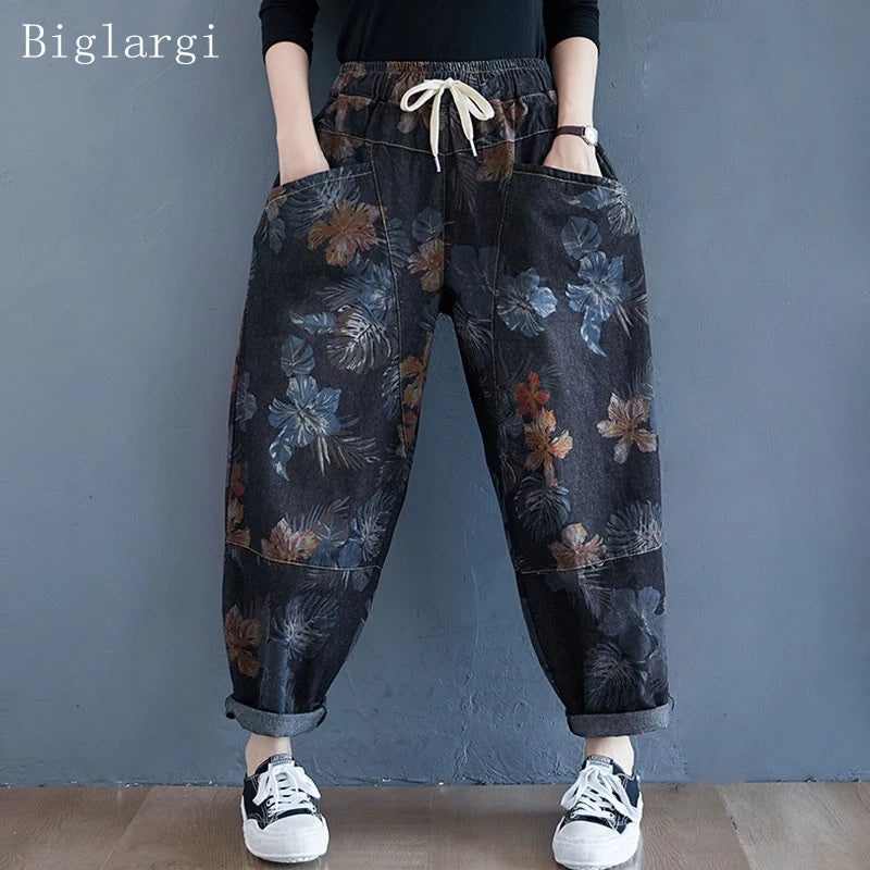 Oversized Women High Waist Floral Print Harem Jeans Woman Spring Autumn Casual Stylish Tapered Fit Jeans