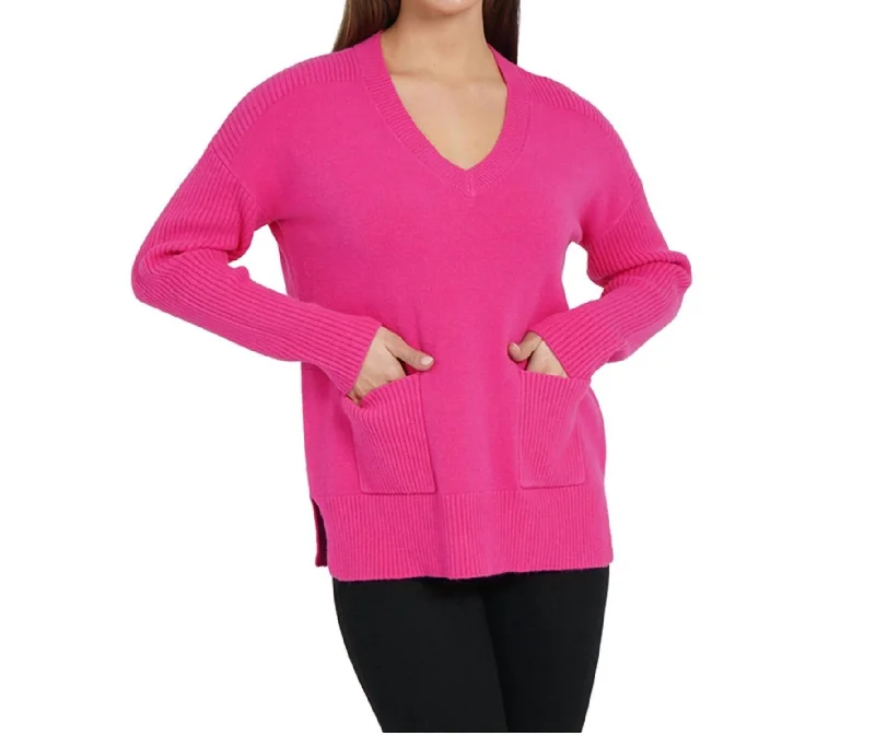 Patch Pocket Tunic Sweater In Hot Pink Hooded Caped Shawl Collar