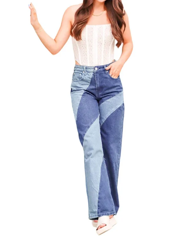 Patchwork Denim Jeans In Color Block Chic Rip-Detail High-Waist Jeans