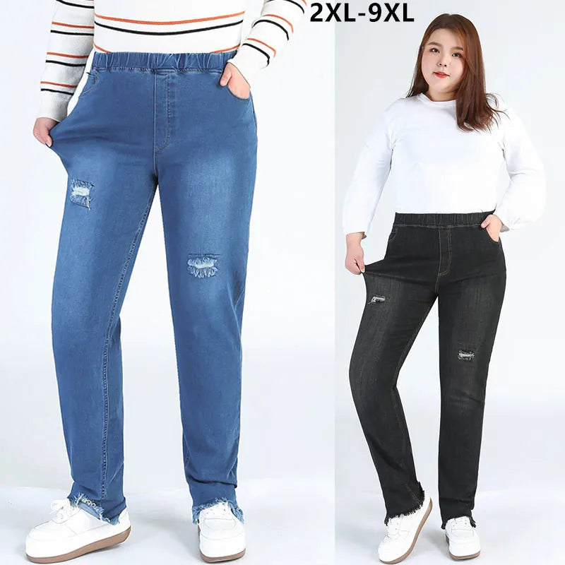 Plus Big Size 9XL 8XL 7XL Stretched Ripped Jeans For Women Trendy Button-Up High-Waist Jeans Plus Big Size 9XL 8XL 7XL Stretched Ripped Jeans For Women Trendy Button-Up High-Waist Jeans
