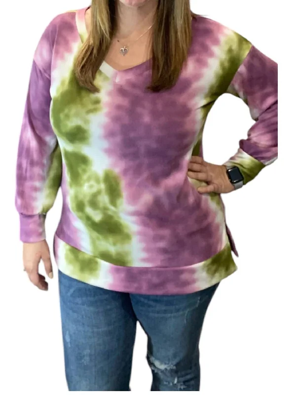Puff Sleeve Sweater In Olive/plum Solid Print Embellished