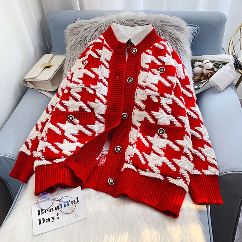 Qianniao check cardigan sweater xiaoxiangfeng knitted coat  5087 Soft Cozy Warm