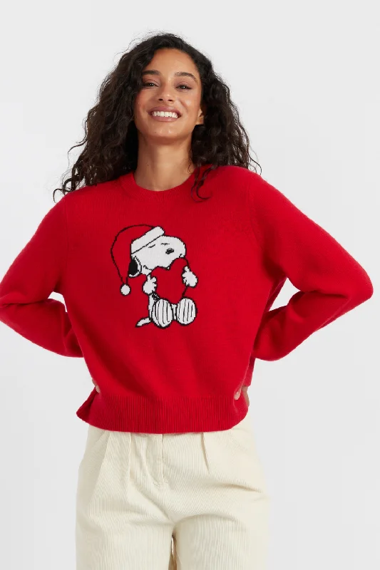 Red Wool-Cashmere Snoopy Santa Sweater Chenille Fabric Brocade Fabric Lace Fabric